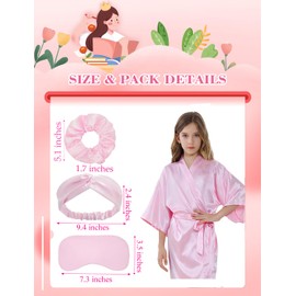 Kids Girls Silky Satin Robe Sets for Birthday Flower Girl Spa Party Wedding with Eyemask Hairband Hair Ring (Pink, Tag 4)