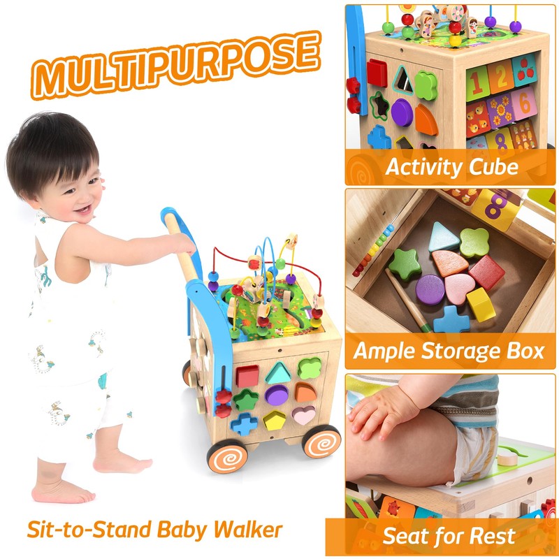 Wooden Baby Walker | 9-in-1 Wooden Activity Cube, Sit-to-Stand Learning
