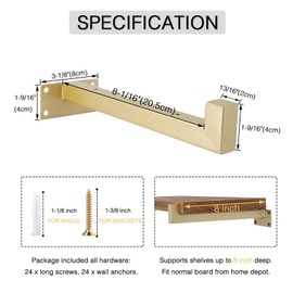 OVOV 4 Pcs Heavy Duty Shelf Brackets 6 inch Industrial Floating Shelves Bracket Gold Wall Bracket for Kitchen Metal Shelf Support with Lip