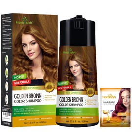 Herbishh Hair Color Shampoo for Gray Hair - Champú de color enriquecido Fórmula para teñir el cabello - Champú y acondicionador para teñir el cabello - Larga duración, cobertura completa de canas y bricolaje (Golden Brown)