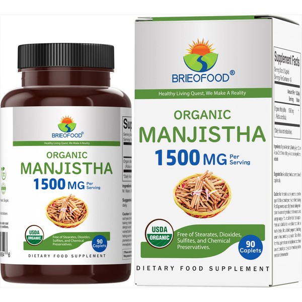 Brieofood Organic Manjistha 1500mg, 45 Servings, Vegetarian, Gluten Free, 90 Vegetarian Tablets