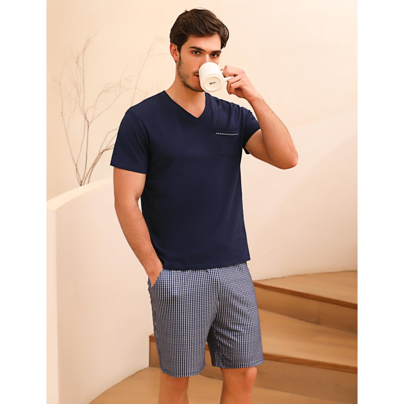 Bresdk Men's Pyjamas Short Cotton Summer Set for Men Sleepwear