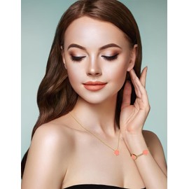 JIEMUCHU Gold Plated Stainless Steel Four Leaf Clover Bracelet and Necklace Jewelry Set for Women (Pink-Gold Plated)