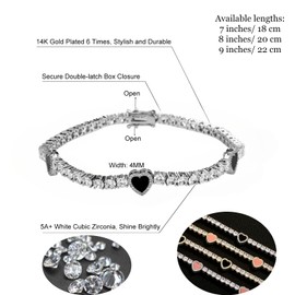 OYOGAA Heart Tennis Bracelets for Women, 14K Golden Plated 4MM Ankle Bracelets for Women, Pink Black Cubic Zirconia Heart Bracelet, Charms Matching Bracelets for Couples (Silvery Black, 8 inch)