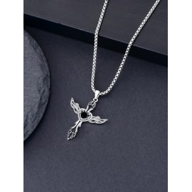 WINNICACA Cross Necklace Sterling Silver Gothic Angel Wings Pendant Necklaces with Black Heart Agate Cross Jewelry Anniversary Birthday Gifts for Men Father Boyfriend Son