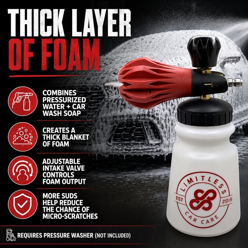 Limitless Car Care® Extreme Release Pressure Foam Cannon Adjustable Nozzle