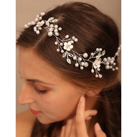 BERYUAN White Flower Silver Leaf Pearls Rhinestone Wedding Hair Vine White Beads Rhinestone Hair Piece Silver Wedding Headband Pearls Rhinestone Bridal Headpiece for Wedding Women Girls