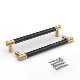 Bar Cabinet Handle Knob Pull Brushed Satin Gold/Brass Finish with Upholstered Black Leather 8.5" (7.5" Hole Center) for Kitchen Cabinet Hardware/Dresser Drawer Handles, 5 Pack