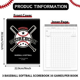 gisgfim Baseball Softball Scorebook 9x12 Inch Score Keeping Book for Stats Score Book Baseball Softball Coaching Accessories for Announcers Adult Youth Little League Scorekeepers 35 Games(3 Pack)