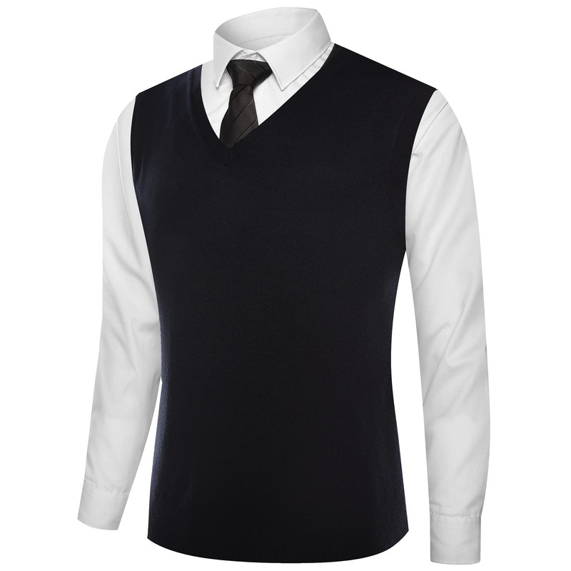 Kallspin Mens Wool Blend V Neck Sleeveless Sweater Vest, black