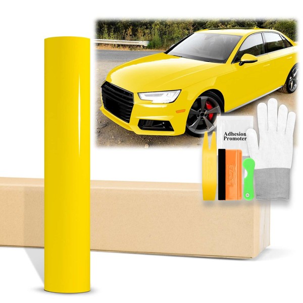 24"x60" (2FTx5FT) Lemon Yellow High Gloss Glossy Vinyl Wrap Auto