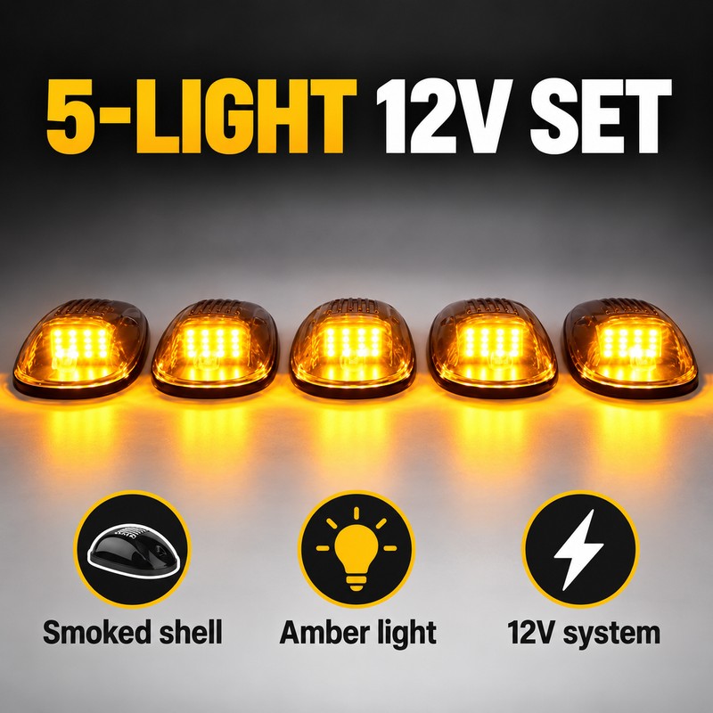5-Piece 12V LED Cab Roof Marker Light Kit with Smoked
