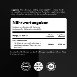 Solve Labs® Lion's Mane Powder, Premium Quality, 100% Fruit Body, 45% Beta-D Glucans, 10:1 Extract, No Additives, 30G, 500 MG/Portion, 1 Month Supply, 60 Servings, Hericium Mushroom Powder