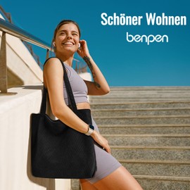 Women's Tote Bag, Aesthetic, Shopper Bag, Large, Cord Bag with Zip, for School, Work, Office, Travel, Shopping, Everyday Use, black