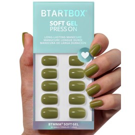 BTArtbox Press On Nails Short - Olive Green Squoval Press On Nails with Glue for Women, Opaque Soft Gel Glue On Nails in 15 Sizes - 30 Stick On Nails Kit, Moss Muse