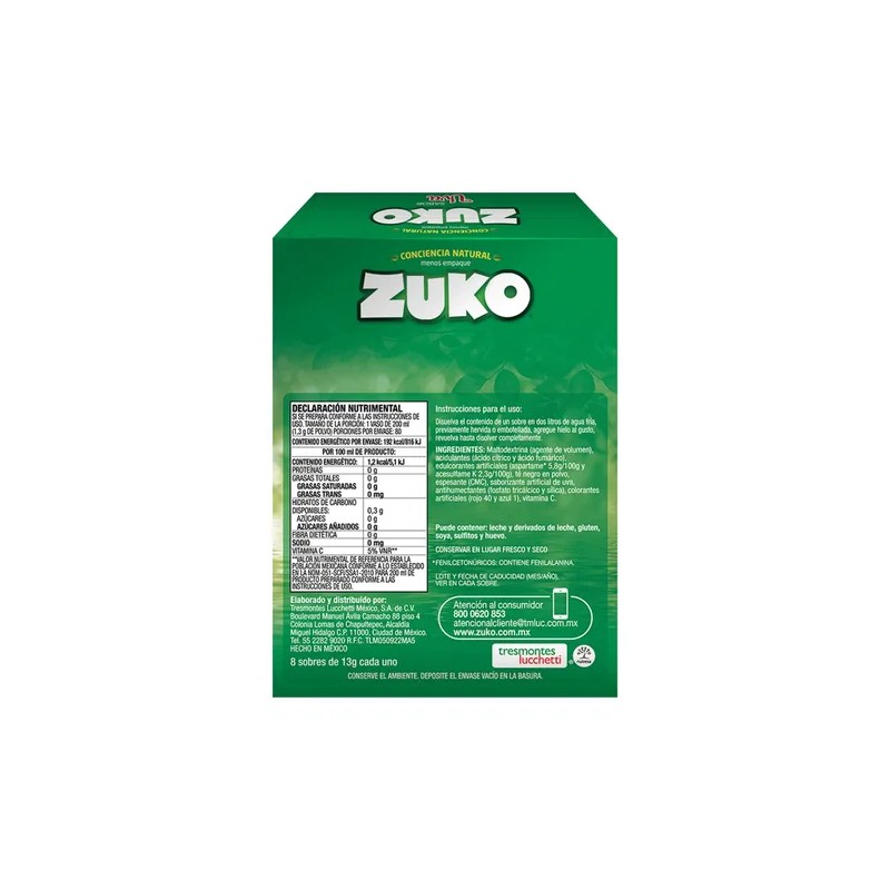 Zuko Uva Bebida En Polvo 8 Sobres/13g, Rinde 2l C/u