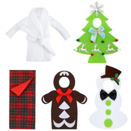 5 Pieces Christmas Elf Accessories, Elf Doll Costume Lovely Snowman Gingerbread Man Christmas Tree Couture Outfits and 1 Elf Doll Bathrobe and 1 Red Green Plaid Sleeping Bag for Boy or Girl Elf Doll