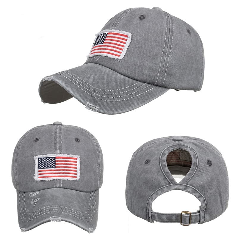 INOGIH Women American Flag Ponytail Hat Embroidery Washed-Cotton Messy Bun