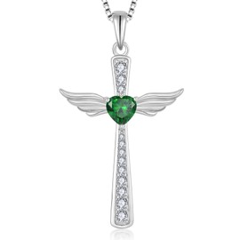 FYNSBLE Cross Necklace for Women Sterling Silver Guardian Angel Wings Pendant Heart Emerald May Birthstone Necklace Jewelry for Women Mother Her
