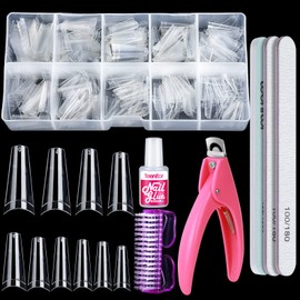 Clear Nail Tips, Artificial French Acrylic Press on Nails Set, 500 Pcs Coffin Half Cover Natural False Nails with Nail Glue Nail Files Buffer Shiner Nail Clipper & Nail Brush by Teenitor,