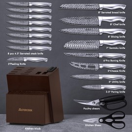 Astercook Knife Set, 21 Pieces Kitchen Knife Set with Built-in Sharpener, German Stainless Steel Knife Block Set, Dishwasher Safe
