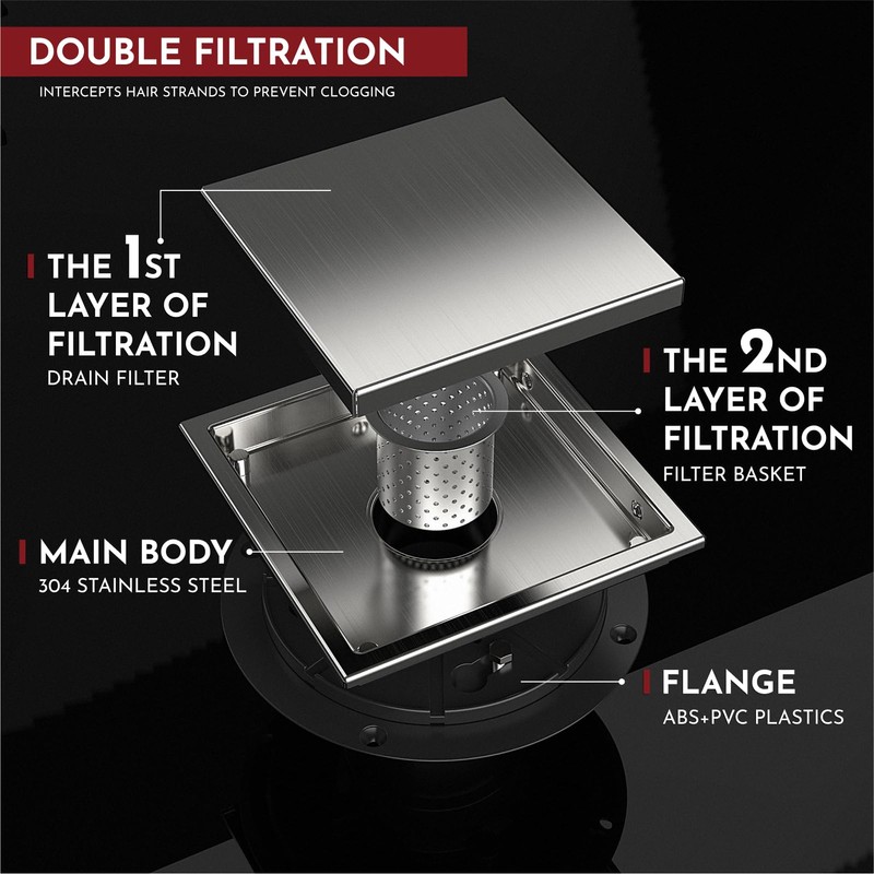 WEBANG 6 Inch Square Shower Drain Brushed Floor Drain with