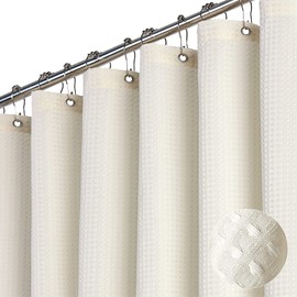 Dynamene Stall Ivory Fabric Shower Curtain - Waffle Textured Small Heavy Duty Cloth Shower Curtains for Bathroom, 256GSM Narrow Hotel Luxury Bath Curtain Set with 6 Plastic Hooks(36Wx72H,Cream/Ivory)