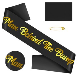 Man Behind The Bump Sash for Baby Shower, Black & Gold Foil Daddy to Be Sash for Gender Reveal Party Dad Diaper Party Decorations Supplies, Ideas Gift for Soon to Be New Father(35.6x3.74 inch)