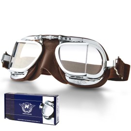 Halcyon MK49 Motorcycle Goggles, Classic Vintage Retro Cafe Racer, Jet Helmet, UV Protection, Lens, Genuine Leather, Dustproof, Windproof, Genuine Product (Compact, Brown)