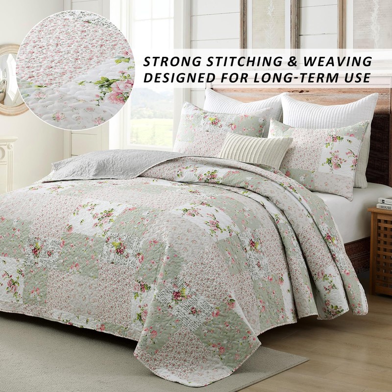 HIARUO Quilt Set Queen Size 3 Pieces Floral Patchwork Comforter