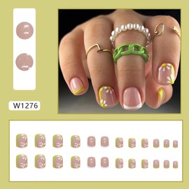 Cute Flower Press on Nails Short Fake Nails - LPOODDNU French Tip Press on Nails Square Shape False Nails Small Flowers Acrylic Nails Spring Summer Stick on Nails Short Artificial Nails for Manicure