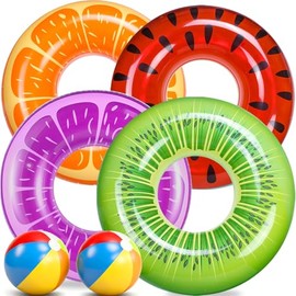 FindUWill Paquete de 6 flotadores de piscina para niños, anillos de natación para piscina (paquete de 4) – 4 flotadores grandes inflables para playa y natación con 2 pelotas de playa para adultos