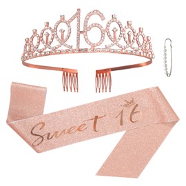 16th Shiny Sash+Tiara Birthday Decorations for Girls,Rose Gold Glittering Sash+Peal Holding Clips+Sparkling Crystal Diamond Tiara Sweet Princess Rhinestone Crown Headwear Happy Birthday Party Favor