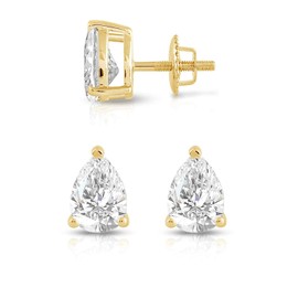 Everyday Elegance Solid 14K Yellow Gold Cubic Zirconia Solitaire Stud Earrings for Women in Pear Shape | Screw Back Earring | 1 CTW CZ | With Gift Box