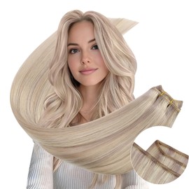Ugeat Weft Hair Extensions Natural Balayage Double Weft Warm Ash Blonde Highlights Bleach Blonde Sew in Hair Extensions Invisible Weave Suitable for Various Occasions 16inch 100G