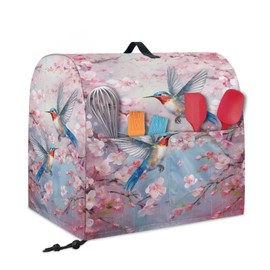 Kitchen Aid Mixer Cover Hummingbird Flower Dust Cover with Pockets and Handle, Pink, Waterproof, Polyester, Fits Most Stand Mixers