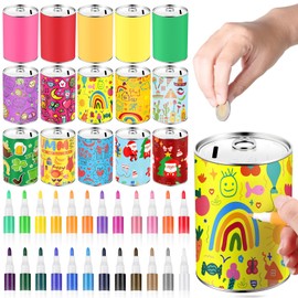 Tandefio 16 Pcs DIY Coin Piggy Bank Metal Money Piggy Bank Saving Box Operation with 24 Acrylic Paint Markers Craft for Creative Gift Boys Girls Birthday Party Supplies (Multicolor)