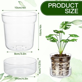 Baderke 2 Pieces Anti Slip Clear Glass Plant Pots with Drainage Holes See The Roots Growth Vase for Plant Nursery Glass Planter for Indoor Plant Modern with Terrarium Saucer (4 Inch)