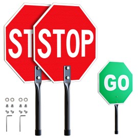 (2 Pack) Stop Go Sign with Handle, 12 x 12 Inches Rust Free Aluminum Reflective, Guard Stop/Go Handheld Traffic Sign for Guiding Traffic Street Safety, Double Sided, Weather Resistant, Waterproof