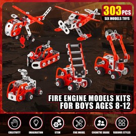 Building Fire Truck Set For Boys Age 8-12，Stem Assembly Metal 3-d Puzzle Fire Engine Model Car Building Kit Construction Toys，Parent-Child Interaction Gifts Erector Sets For Kids 8-16 Red（303pcs）