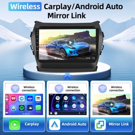 【4+64G】 4 core Double din for Hyundai Santa Fe 2013-2017 Car Stereo with Wireless Carplay Android Auto Mirror Link, 9’Touchscreen Radio WiFi/GPS/FM/RDS/Bluetooth/SWC/Waterproof Night Backup Cam