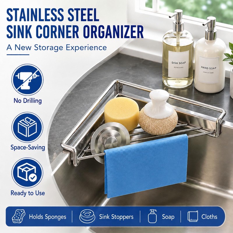 2PC Stainless Steel Corner Sink Shelf with Triangular Open Wire