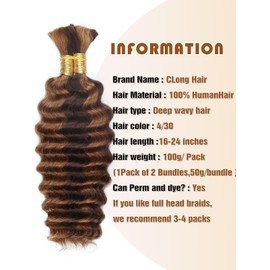 4/30 Bronze Gold Human Braiding Hair Deep Wave Bulk，Highlight No Weft Curly Braiding Hair Extensions for Boho Braids Wet and Wavy Braiding Human Hair Bundles(18inch,4/30,100g)