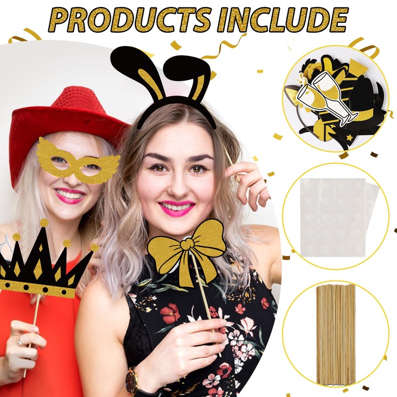 Kaluofan 25 PCS Black and Gold Party Decorations, Photobooth Party