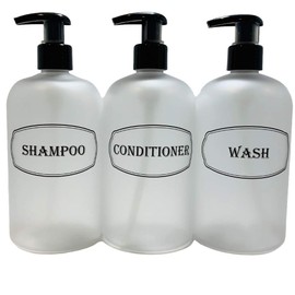 Bottiful Home-16 oz Frosted Shampoo, Conditioner, Wash Shower Soap Dispensers-3 Refillable Empty PET Plastic Pump Bottle Shower Containers-Printed Design-Waterproof, Rust-Free, Clog-Free, Drip-Free