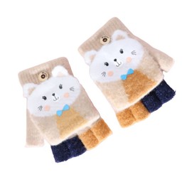 Kids Fingerless Convertible Flip Top Gloves Cute Cartoon Half Finger Mittens Soft Lined Fleece Thermal Warm Gloves for 5-12 Y