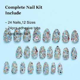 Awxfoo 24Pcs French Tip Press On Nail Medium Almond Shape Glitter Beads Nail Art Set Bonding Nail Pads Suitable for Women DIY Nail Decoration Suitable for Dating Prom Wedding Party CDJ-8-114