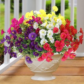 Artificial Flowers for Outdoors 12 Bundles Realistic Faux Plants UV Resistant Fake Silk Morning Glory with Eucalyptus for Front Door Planter Patio Porch Spring Summer Decoration (6 Mixed Color)