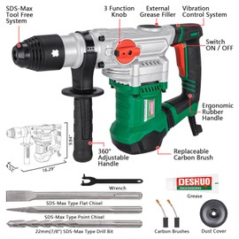 Deshuo 1-1/2" SDS-Max Heavy Duty Rotary Hammer Drill,12.5 Amp 3 Functions Corded Vibration Control Demolition Rotomartillo with Safety Clutch for Concrete,Includes 1 Drill Bits,2 Chisels,Carrying Case