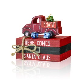Smile Christmas Wooden Books Stack, Santa Claus Belt Sleigh Faux Books Bundle, Tiered Tray Decorations, for Home Table Mantle Shelf.